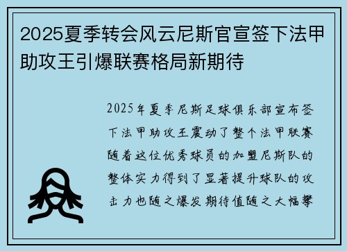 2025夏季转会风云尼斯官宣签下法甲助攻王引爆联赛格局新期待 2025夏季转会风云尼斯官宣签下法甲助攻王引爆联赛格局新期待