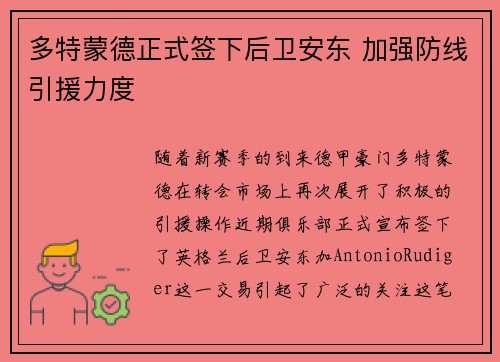 多特蒙德正式签下后卫安东 加强防线引援力度